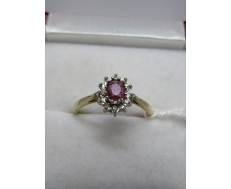 9CT YELLOW GOLD RUBY &amp; DIAMOND CLUSTER RING, size M/N 