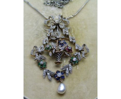 18CT WHITE GOLD FLORAL PENDANT, set with diamond emerald, ruby &amp; sapphire, Art Deco design pendant with diamond encrusted