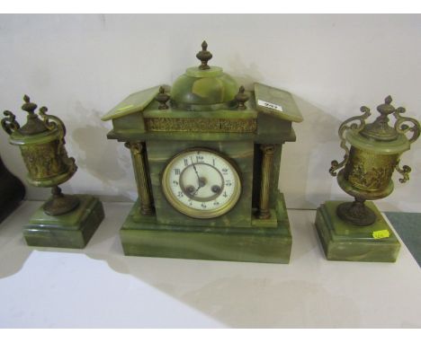 CLOCK GARNITURE, green onyx temple design mantel clock with matching square base vase-style ornaments, 13" heights 