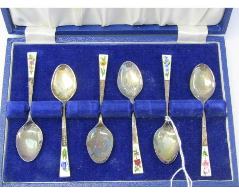 COFFEE SPOONS, set of 6 silver and floral enamel coffee spoons in fitted case, Birmingham HM 