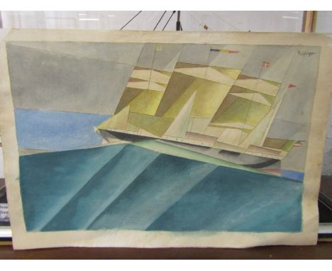 LYONEL FEINEINGER, signed watercolour "Portrait of triple masted sailing Ship", 13" x 20" 
