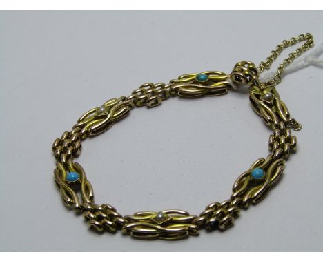 VINTAGE GOLD BRACELET, 9ct gold bracelet with turquoise &amp; pearl inset 11.8 grams 