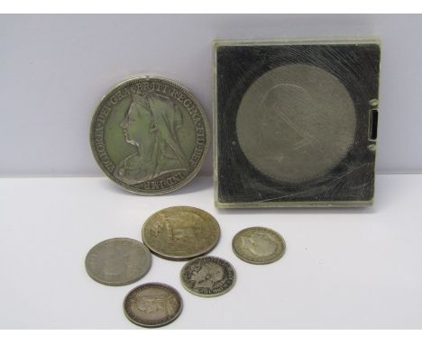 VICTORIAN CROWN, 1897 Victorian silver crown &amp; 3 silver 3d pieces, 2 other coins 