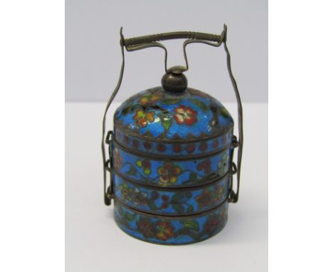 EASTERN ENAMEL, floral enamelled silver miniature 3 tier food cannister 