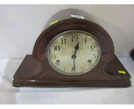 MANTEL CLOCK, Edwardian inlaid mahogany domed top mantel clock, bar strike 
