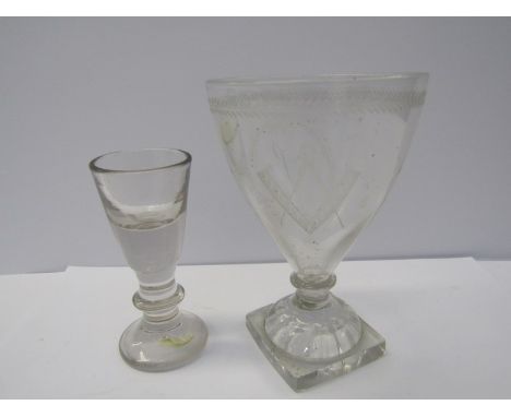 MASONIC, Georgian engraved glass goblet, lemon squeezer base together with early glass firing tot 