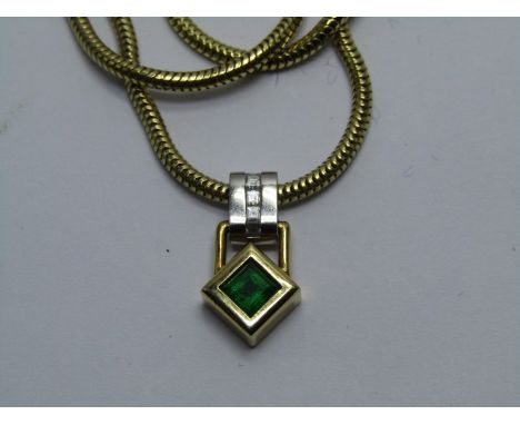 18CT YELLOW GOLD EMERALD &amp; DIAMOND PENDANT, on 18ct yellow gold snake link chain 