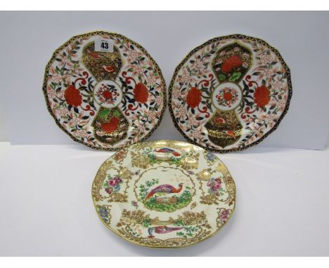 CROWN DERBY, pair of 19th Century gilded lobed edge dessert plates dated 1884, together with Booth "Exotic Bird" gilded Harro
