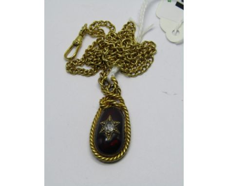 GARNET &amp; DIAMOND PENDANT ON GOLD CHAIN, 9ct yellow gold curb link chain set with vintage cabochon cut garnet pendant set 