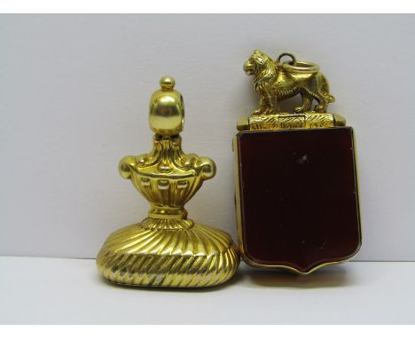 2 YELLOW METAL WATCH FOBS, 1 carved carnelian with bust of Greek style gentleman, the other carnelian &amp; bloodstone with l