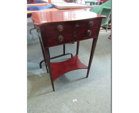 SHERATON-STYLE NEEDLEWORK TABLE, cross banded serpentine lid top mahogany sewing table with single frieze drawer &amp; shelf 