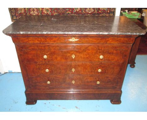 COMMODE, 19th century French Louis Philippe figured walnut with St. Annes variegated marble and four long drawers, 60cm x 130