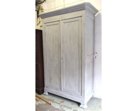 ARMOIRE, French 19th century and later grey painted with a pair of panelled cupboard doors enclosing a shelf, 65cm D, 140cm W