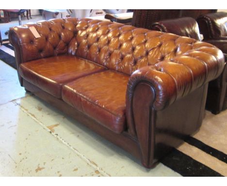 CHESTERFIELD SOFA, Vintage soft faded tan brown leather with deep button upholstered back and arms and two seat cushions, 196