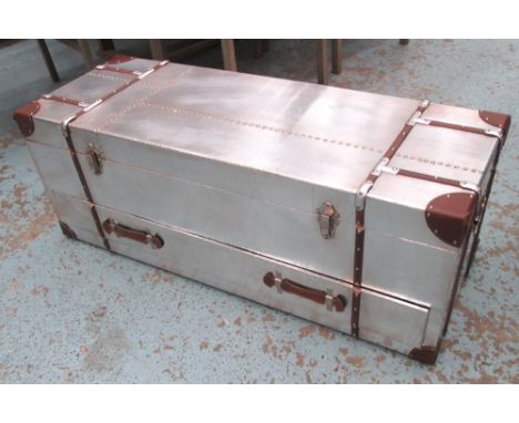 TRUNK, Aviation style, with lift up lid and drawer below, 120cm x 40cm x 44cm H.