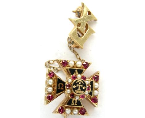 Alpha Tau Omega fraternity stone set 14ct gold Maltese Cross, enamel, ruby and pearl set pin brooch, L: 10 mm. P&amp;P Group 