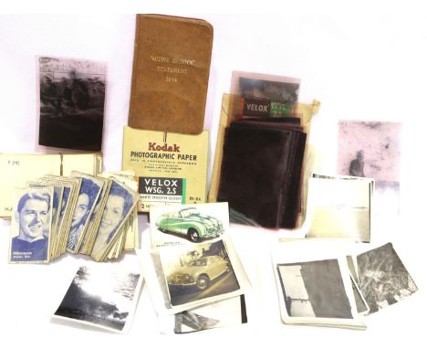 Box of mixed items including WWII aircraft recognition silhouette cards and first world war active service testament 1914. P&