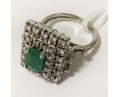 SILVER EMERALD/DIAMOND RING SIZE K