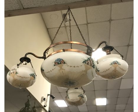 ART DECO MILK GLASS FLORAL CEILING LIGHT WITH LARGE CENTRE SHADE &amp; 3 SMALLER OUTER SHADES - 1 SHADE DAMAGED