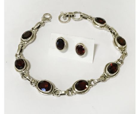 STERLING SILVER GARNET GEMSTONE BRACELET &amp; MATCHING EARRINGS