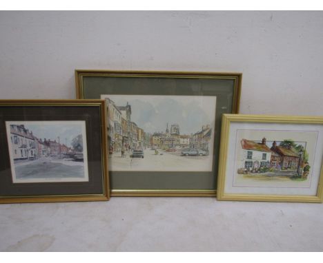 Ann Franks hand coloured print 'Wright's Shop' 28x23cm, Glyn Hutchins watercolour of Wisbech High street ? 40x33cm and a sign