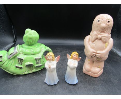 2 Goebel angels, a ceramic teapot and Mr Blobby