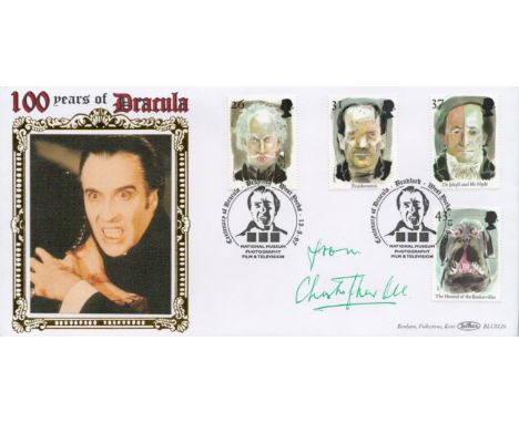 Actor, Christopher Lee signed FDC commemorating 100 Years of Dracula. His lovely Benham cover features two post marks dating 