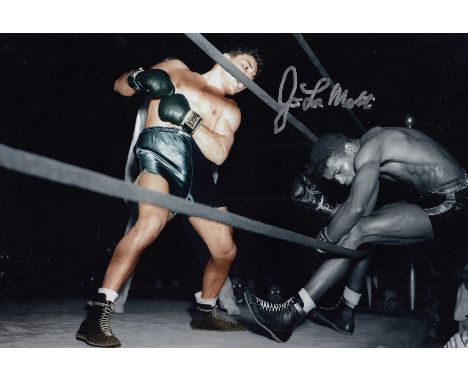 Autographed Jake LaMotta 12 X 8 Photo - Colorized, Depicting One Of Boxing's Iconic Images - Jake LaMotta Knocking Sugar Ray 