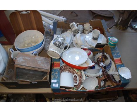 Three boxes of china including gaudy style Jugs, an 18th c. pearl ware Jug with transfer printed scene depicting "The Catch S