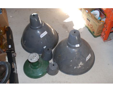Two large grey enamel light shades plus another.