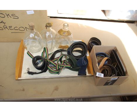A quantity of belts, three Scotch Whisky dimple bottles, etc.