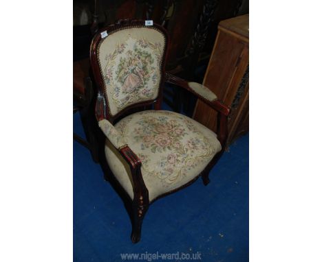 A hall chair with tapestry seat, back and arms, a/f.