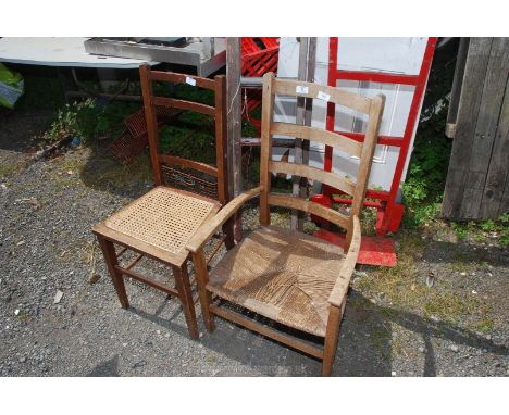 A low ladder back rush seated armchair plus a cane seated bedroom chair.
