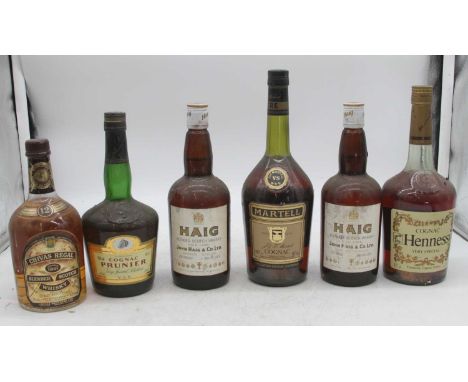 Haig Gold Label Blended Scotch Whisky, two bottles, Chivas Regal 12-year old Blended Scotch Whisky, one bottle, Martell Cogna