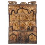 Carved, gilded, and polychromed wooden icon with gold background. Wallachia. 15th Century.