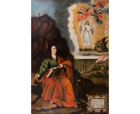 Viceregal School. Lima. Peru. 16th century."Saint&nbsp;John on Patmos"Oil on canvas.&nbsp;Relined.272 x 190 cm.Very early lar