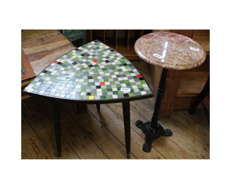 A 1960's style tripod table with mosaic top and a black painted cast iron and granite top wine table