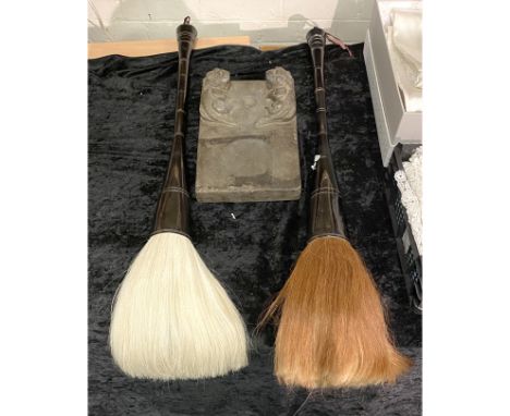 2 LARGE CALLIGRAPHY BRUSHES MADE WITH ANIMAL HAIR, CHINESE STONE, 2 FOO DOGS
