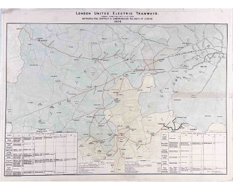 1906 POSTER MAP of the London United Electric Tramways 'showing connections with allied lines, Metropolitan District & Underg