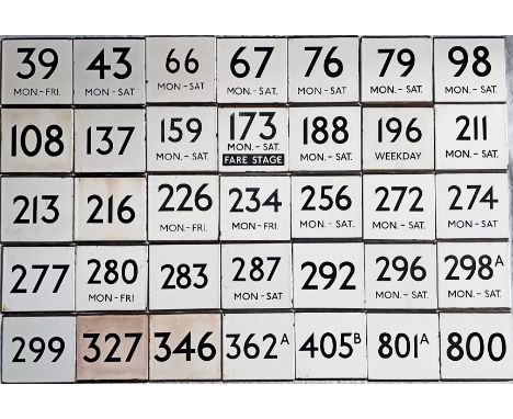Large quantity (35) of London Transport bus stop enamel E-PLATES from across the network and with route numbers between 39 an