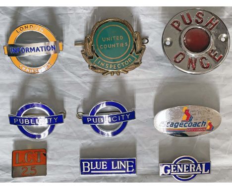 Selection (8 + 1) of bus CAP/LAPEL BADGES & a BELL PUSH. The badges include London Transport 'Information' (Underground Traff