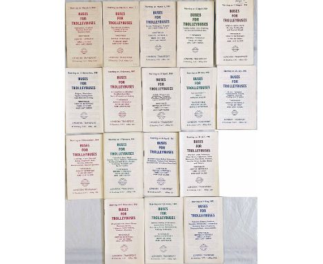Set of 17 London Transport 'Buses for Trolleybuses' TIMETABLE LEAFLETS for all 14 stages of the conversion scheme from 1959-6