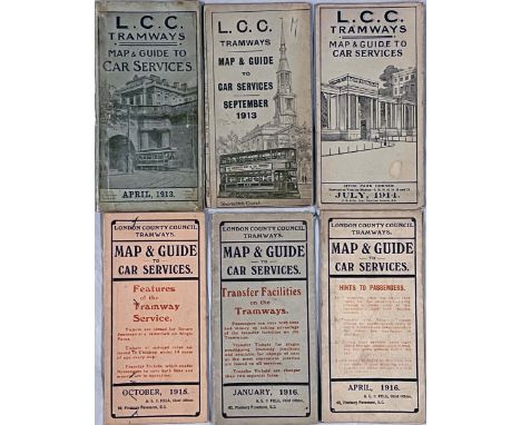 Selection (6) of LCC Tramways POCKETS MAPS comprising issues from April 1913, September 1913, July 1914, October 1915, Januar