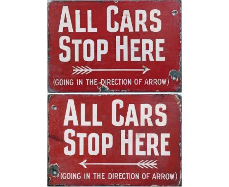 Double-sided, enamel TRAM STOP FLAG 'All cars stop here, going in the direction of arrow' with a 4-feathered arrow. Measures 