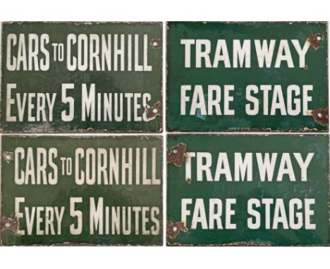 Pair of Ipswich Corporation Tramways enamel TRAM STOP FLAGS, the first reads 'Cars to Cornhill every 5 minutes' and the secon