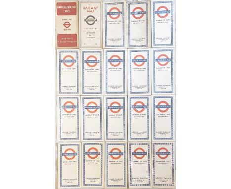 Selection (20) of London Underground diagrammatic, card pocket maps. The earliest is from 1936, most are 1960s, the last 1971