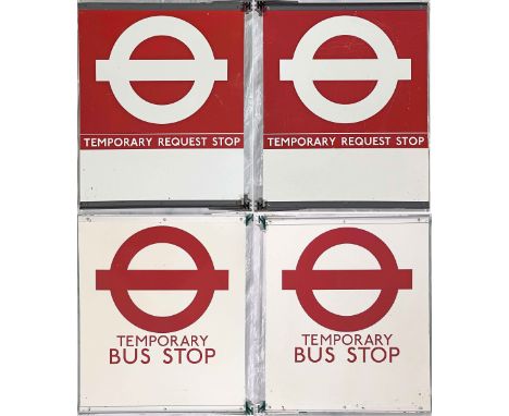 Pair of London Transport/TfL TEMPORARY BUS STOP FLAGS, one Request, one Compulsory. These were used where buses were, for exa