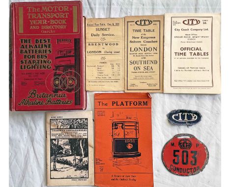 Assortment (8 items) of bus/tram ephemera incl 1931-2 Garcke's Motor Transport Year Book, early London bus conductor's enamel