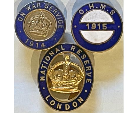 Selection (3) of WW1 War Service LAPEL BADGES comprising a generic 'On War Service' dated 1914 with the imperial crown, an 'O