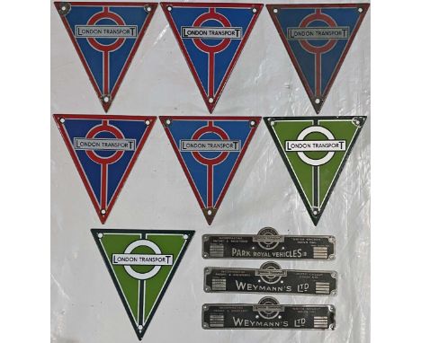 Selection (7 + 3) of London Transport RT bus enamel RADIATOR BADGES (five Central Area, two Country Area) and alloy BODYBUILD